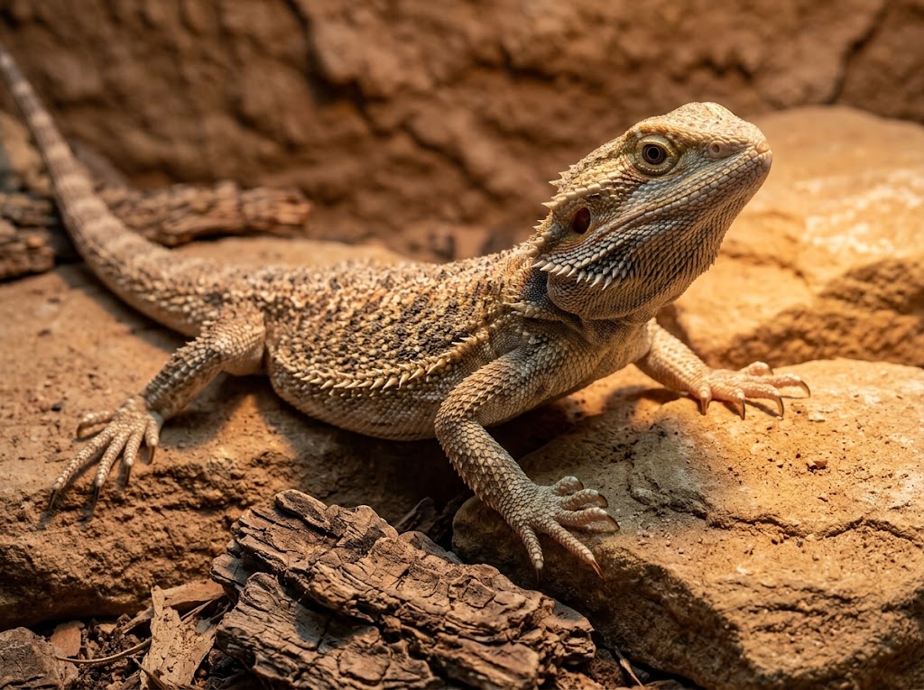 Agama brodata na skale i podłożu piasek z gliną