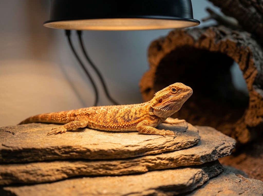 Agama brodata wygrzewająca się pod żarówką grzewczą
