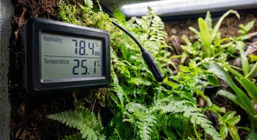 Termohigrometr z sondą w terrarium tropikalnym