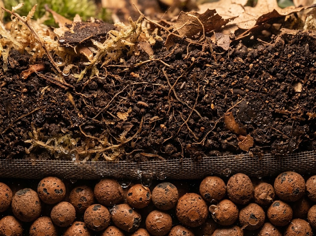 warstwy podłoża tropikalnego w terrarium bioaktywnym