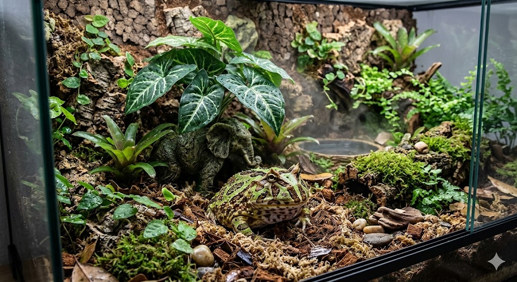 Alokazja sztuczna roślinna w terrarium tropikalnym z żabą rogatą.